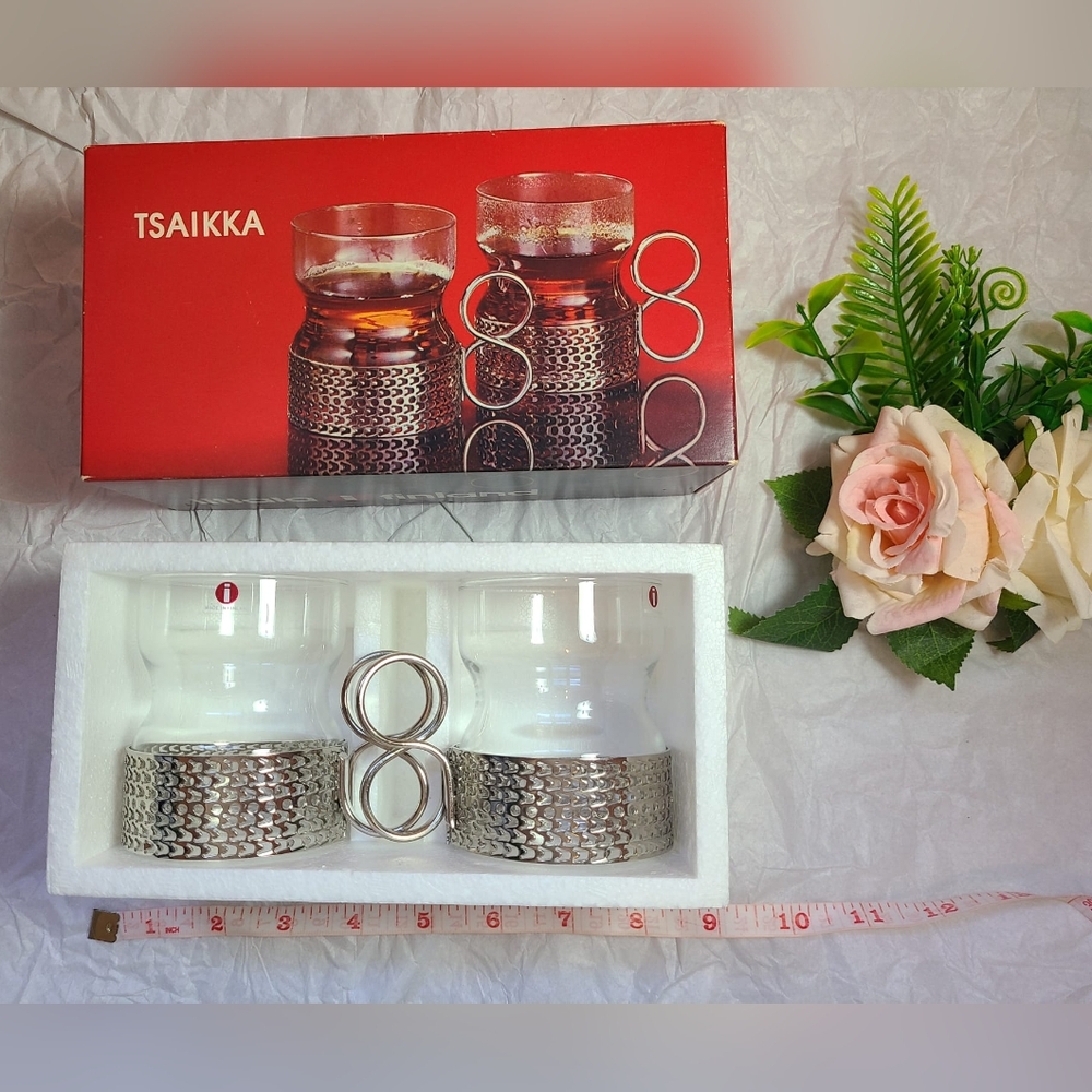 Vtg iittala Finland Tsaikka Tea Coffee 2 Glass & Silver Cups ☕🍵🌴